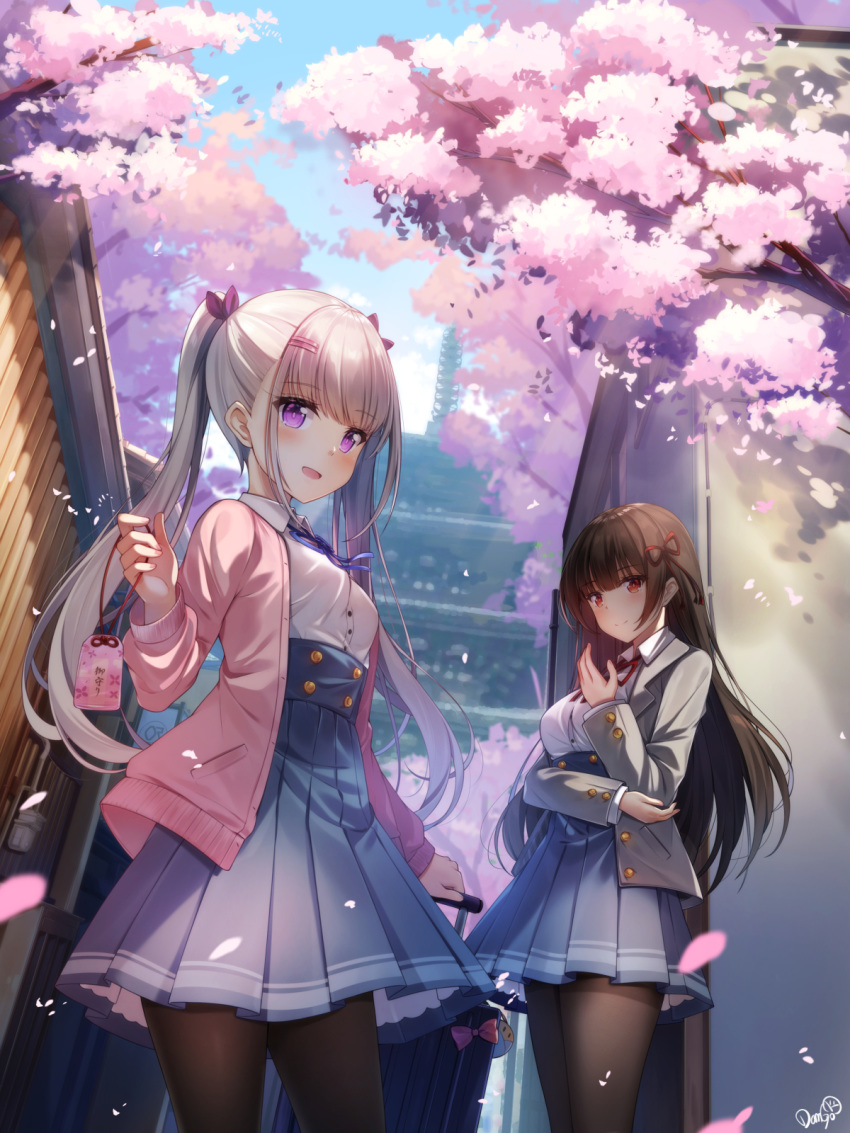 1girl 2girls :d bangs black_legwear blue_neckwear blue_ribbon blue_skirt blunt_bangs blush bow breasts brown_hair building cardigan cherry_blossoms collared_shirt commentary_request dango_remi day eyebrows_visible_through_hair grey_jacket hair_ribbon high-waist_skirt highres holding jacket long_hair long_sleeves looking_at_viewer medium_breasts medium_skirt multiple_girls neck_ribbon open_cardigan open_clothes open_jacket open_mouth original outdoors pantyhose pink_bow pink_cardigan pleated_skirt red_eyes red_neckwear red_ribbon ribbon rolling_suitcase shirt signature silver_hair skirt smile straight_hair tree twintails very_long_hair violet_eyes white_shirt wing_collar