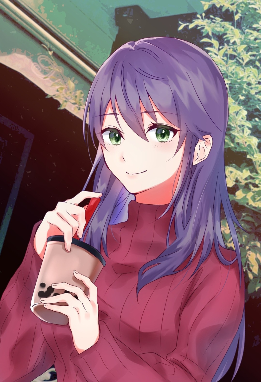 1girl bangs blush breasts bubble_tea closed_mouth cup day disposable_cup drinking_straw eyebrows_visible_through_hair genderswap genderswap_(mtf) green_eyes hair_between_eyes highres holding holding_cup kenmochi_touya long_hair long_sleeves looking_at_viewer nijisanji outdoors purple_hair red_sweater ribbed_sweater sleeves_past_wrists small_breasts smile solo sweater tsumetsume_zerii upper_body very_long_hair virtual_youtuber