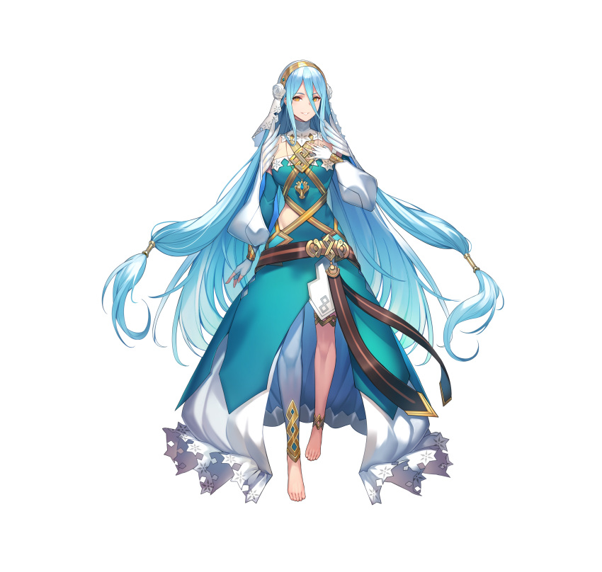 1girl absurdres artist_request asymmetrical_legwear azura_(fire_emblem) barefoot belt blue_hair breasts dress fingerless_gloves fire_emblem fire_emblem_fates fire_emblem_heroes full_body gloves hair_between_eyes hair_ornament hand_on_own_chest highres jewelry lips long_hair long_sleeves looking_at_viewer medium_breasts necklace official_art parted_lips shiny shiny_hair simple_background smile solo standing thigh_strap toes turtleneck veil very_long_hair white_background yellow_eyes