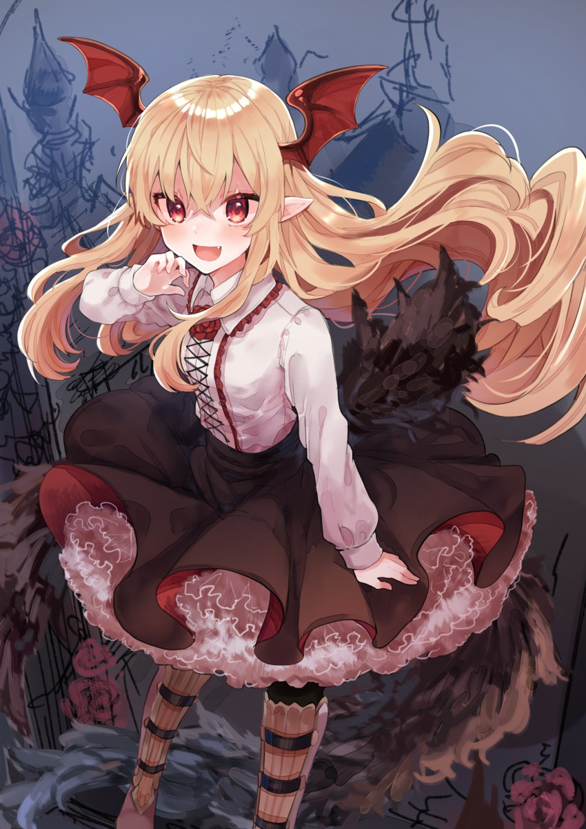 1girl :d bangs black_footwear black_skirt blonde_hair blurry boots breasts building castle clouds collared_shirt commentary_request creature fang feathers floating_hair flower frilled_shirt frilled_skirt frills granblue_fantasy hair_between_eyes hand_up head_wings highres ikeuchi_tanuma long_hair long_sleeves looking_at_viewer open_mouth outdoors petals pointy_ears red_eyes red_flower rose shingeki_no_bahamut shirt sidelocks skirt small_breasts smile solo thigh-highs thigh_boots unfinished_background v-shaped_eyebrows vampy very_long_hair white_shirt wings