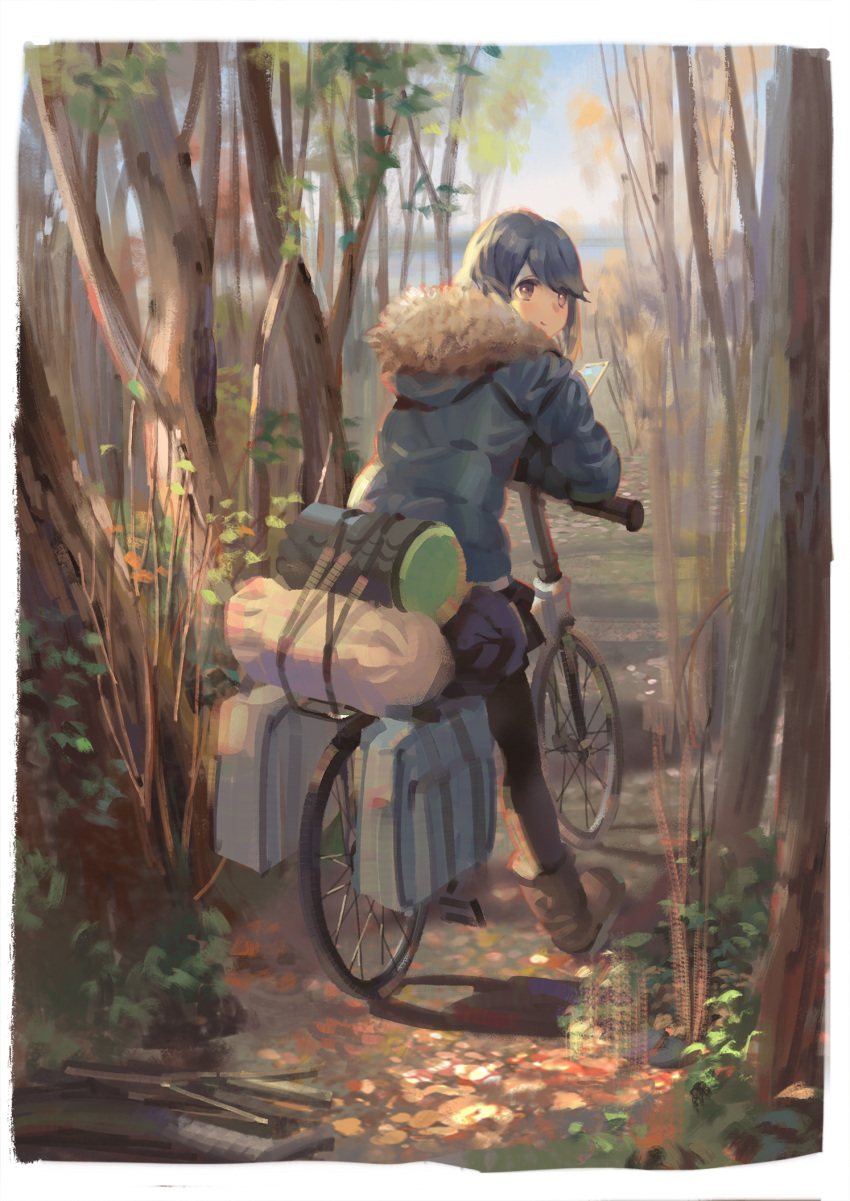 1girl bicycle black_hair black_legwear boots border brown_footwear closed_mouth coat day forest fur-trimmed_coat fur_trim ground_vehicle highres hood hood_down legwear_under_shorts looking_at_viewer looking_back nature outdoors pantyhose path psi_(583278318) riding shima_rin shorts smile solo tree violet_eyes white_border yurucamp