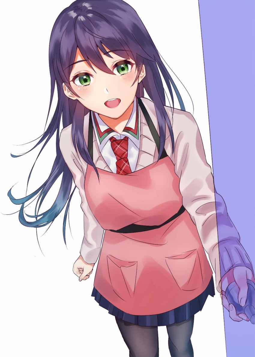 1girl :d apron bangs black_legwear blue_skirt blush brown_sweater collared_shirt doorknob eyebrows_visible_through_hair genderswap genderswap_(mtf) green_eyes hair_between_eyes highres holding kenmochi_touya long_hair long_sleeves looking_at_viewer necktie nijisanji open_mouth pantyhose pink_apron plaid_neckwear pleated_skirt purple_hair red_neckwear shirt simple_background skirt sleeves_past_wrists smile solo sweater tsumetsume_zerii upper_teeth very_long_hair virtual_youtuber white_background white_shirt x-ray