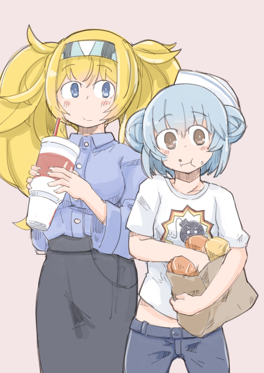 2girls bag black_skirt blonde_hair blue_eyes blue_hair brown_eyes collared_shirt cup disposable_cup dixie_cup_hat double_bun eating enjaku_izuku food food_in_mouth food_on_face gambier_bay_(kantai_collection) hairband hat highres kantai_collection long_hair midriff military_hat multiple_girls paper_bag samuel_b._roberts_(kantai_collection) shirt skirt smile twintails