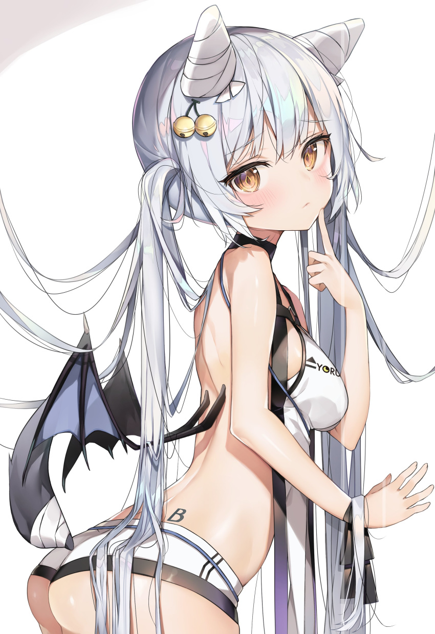 1girl absurdres animal_ears apron arched_back ass back bandaged_ear bandaged_tail bangs bare_arms bare_shoulders bat_wings bell bikini black_choker blue_wings blush breasts brown_eyes choker closed_mouth commentary_request copyright_request cowboy_shot eyebrows_visible_through_hair hair_bell hair_ornament highres index_finger_raised jingle_bell leaning_forward long_hair looking_at_viewer looking_to_the_side medium_breasts silver_hair simple_background solo swimsuit tail twintails very_long_hair white_apron white_background white_bikini wings yayoichi_(yoruyoru108)