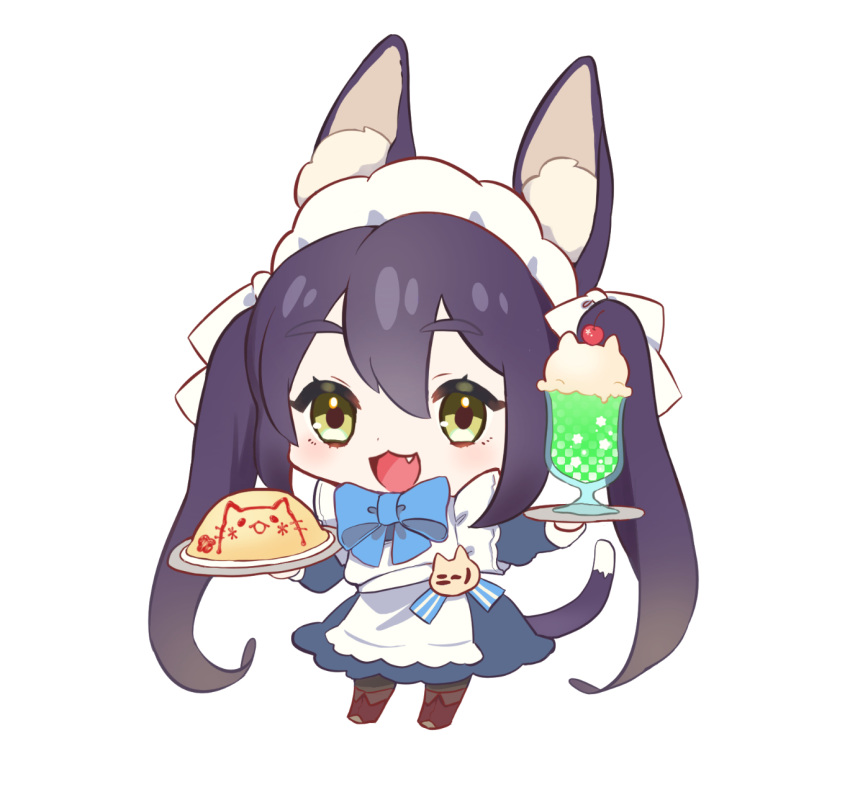 1girl :3 :d animal_ear_fluff animal_ears apron bangs black_hair blue_bow blue_dress boots bow brown_eyes brown_footwear cat_ears cat_girl cat_tail cherry chibi dress eyebrows_visible_through_hair fang food fruit full_body hair_between_eyes hair_bow highres holding holding_plate ice_cream ice_cream_float long_hair long_sleeves maid maid_apron maid_headdress omurice open_mouth original plate simple_background smile solo standing tail thick_eyebrows tsumetsume_zerii twintails very_long_hair white_apron white_background white_bow