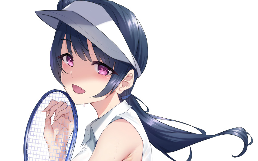 1girl :d absurdres blue_eyes blush eyebrows_visible_through_hair highres horse_tail huge_filesize incredibly_absurdres long_hair looking_at_viewer love_live! love_live!_sunshine!! md5_mismatch open_mouth racket resized simple_background smile solo sportswear tail tennis tennis_uniform tsushima_yoshiko upscaled violet_eyes white_background yamaori_(yamaorimon)