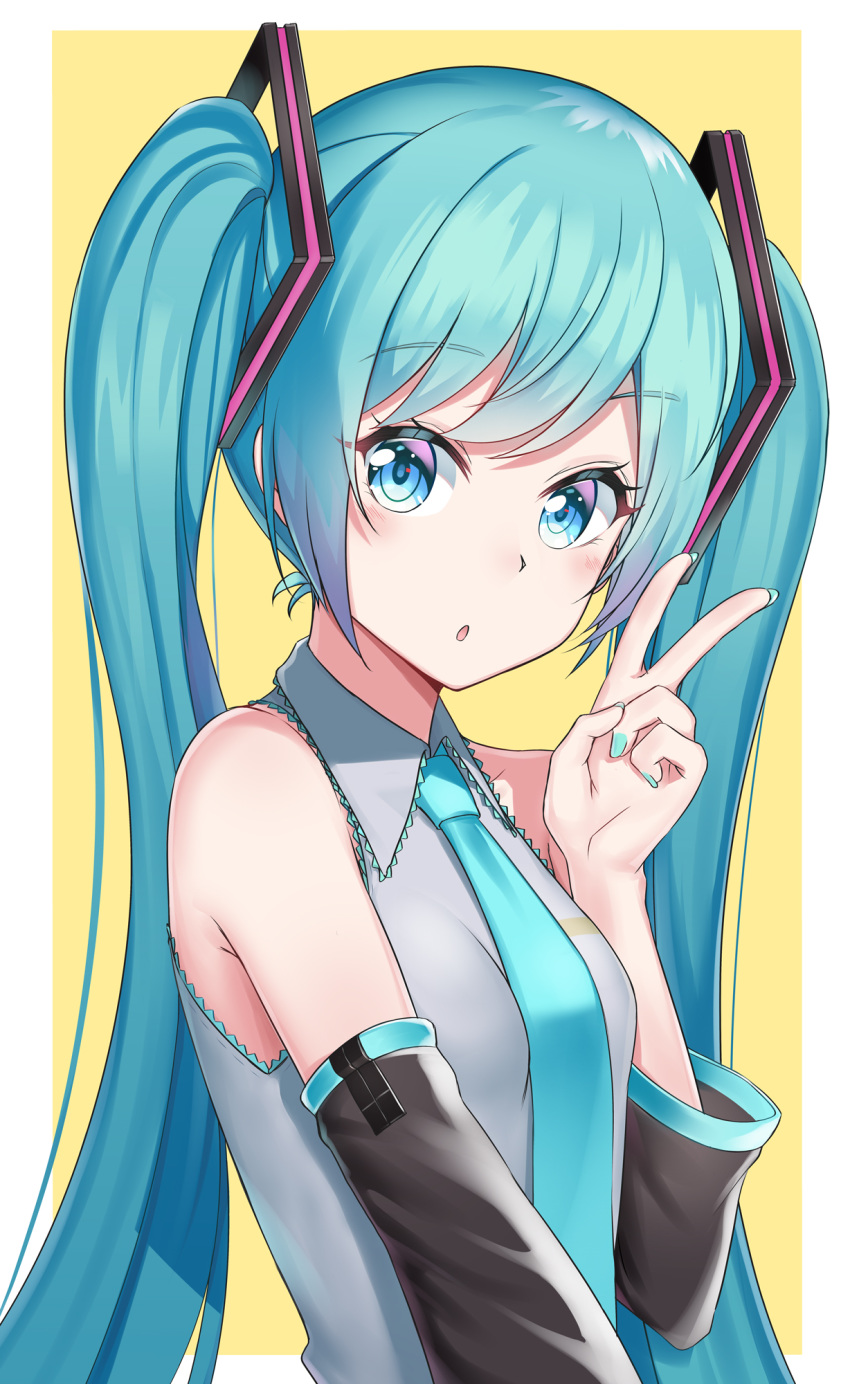 1girl :o aqua_hair aqua_nails armpit_crease bare_shoulders bibboss39 blue_eyes breasts collared_shirt detached_sleeves grey_shirt hair_ornament hand_up hatsune_miku highres long_hair long_sleeves looking_at_viewer nail_polish necktie parted_lips shirt small_breasts solo twintails two-tone_background upper_body v vocaloid