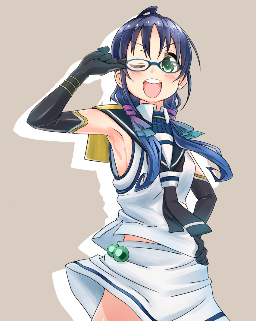 1girl adjusting_eyewear ahoge armpits bangs bespectacled black_gloves black_neckwear blue-framed_eyewear blue_hair brown_background commentary_request cowboy_shot elbow_gloves glasses gloves gradient_ribbon green_eyes hair_over_shoulder hair_ribbon hand_on_hip highres kantai_collection long_hair looking_at_viewer low_twintails multicolored multicolored_ribbon neckerchief one_eye_closed open_mouth ribbon school_uniform serafuku shirt simple_background skirt sleeveless sleeveless_shirt smile solo standing suzukaze_(kantai_collection) twintails white_shirt white_skirt yokoshima_(euphoria)