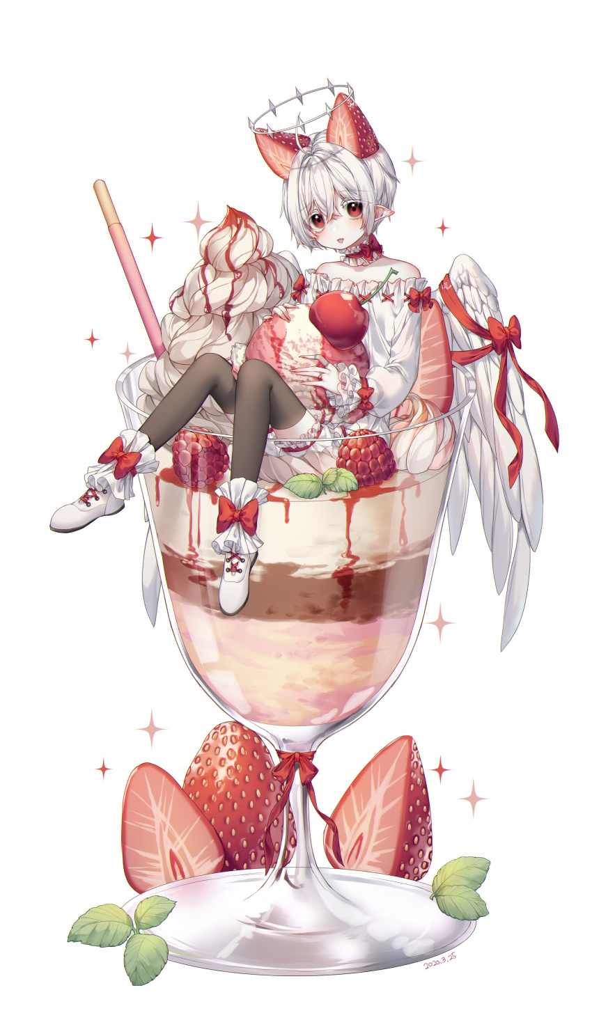1girl :p absurdres ahoge angel_wings ankle_bow bangs bare_shoulders black_legwear bloomers bow cherry commentary cross-laced_footwear cup eyebrows_visible_through_hair eyes_visible_through_hair feathered_wings food fruit hair_between_eyes highres ice_cream_scoop in_container in_cup in_food jewelry leaf long_sleeves looking_at_viewer neck_garter original parfait pocky pointy_ears raspberry red_bow red_eyes red_ribbon ribbon ring shiro_albino shoes short_hair silver_hair simple_background sitting solo sparkle strawberry strawberry_pocky symbol_commentary syrup thigh-highs tongue tongue_out underwear whipped_cream white_background white_footwear white_wings wing_ribbon wings wrist_bow