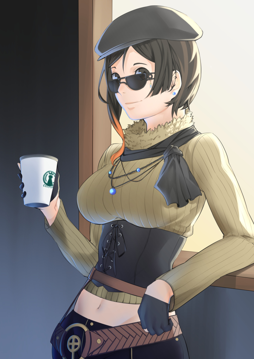 1girl belt beret black_eyes black_hair breasts coco_adel coffee_cup corset cup disposable_cup dyun earrings fingerless_gloves gloves hat highres jewelry large_breasts looking_at_viewer midriff navel rwby scarf short_hair smile solo sunlight