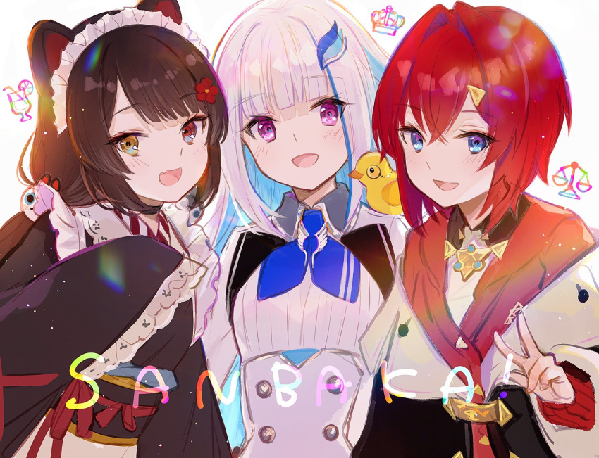 3girls ange_katrina animal_ears animal_on_shoulder bangs black_hair blue_eyes blue_hair blunt_bangs blush dog_ears dog_girl dog_hair_ornament flower fuji_choko hair_between_eyes hair_flower hair_intakes hair_ornament hairclip heterochromia inui_toko jacket japanese_clothes kimono lize_helesta long_hair long_sleeves looking_at_viewer low_twintails maid_headdress monocle multicolored_hair multiple_girls nijisanji open_mouth red_eyes red_jacket redhead sebastian_piyodore short_hair simple_background smile twintails two-tone_hair upper_body v very_long_hair violet_eyes virtual_youtuber wa_maid white_background white_hair yellow_eyes