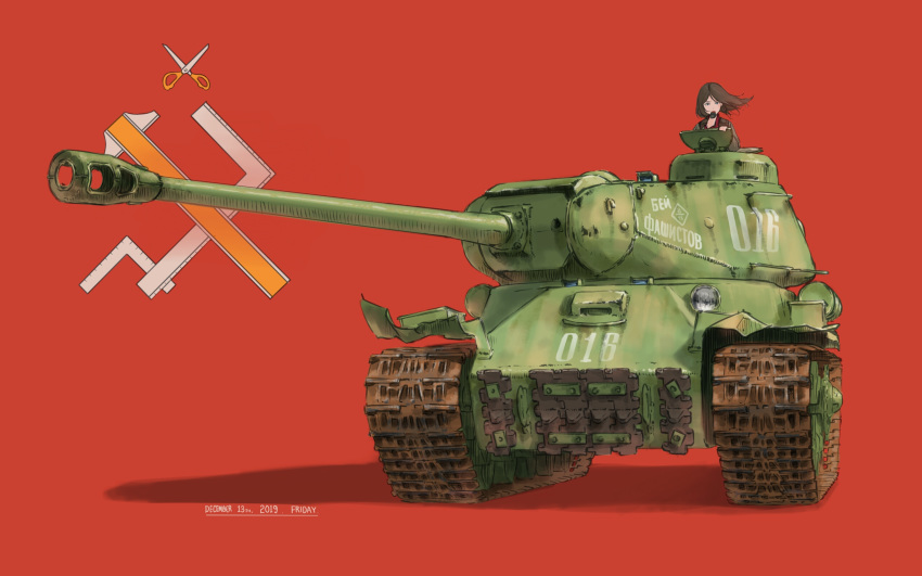 1girl black_hair black_vest commentary cyrillic dated emblem english_text girls_und_panzer green_jacket ground_vehicle highres holding is-2 jacket long_sleeves looking_at_viewer medium_hair military military_uniform military_vehicle motor_vehicle nonna_(girls_und_panzer) pravda_(emblem) pravda_military_uniform radio red_background russian_text shadow simple_background solo tank tank_focus uniform useless vest wind