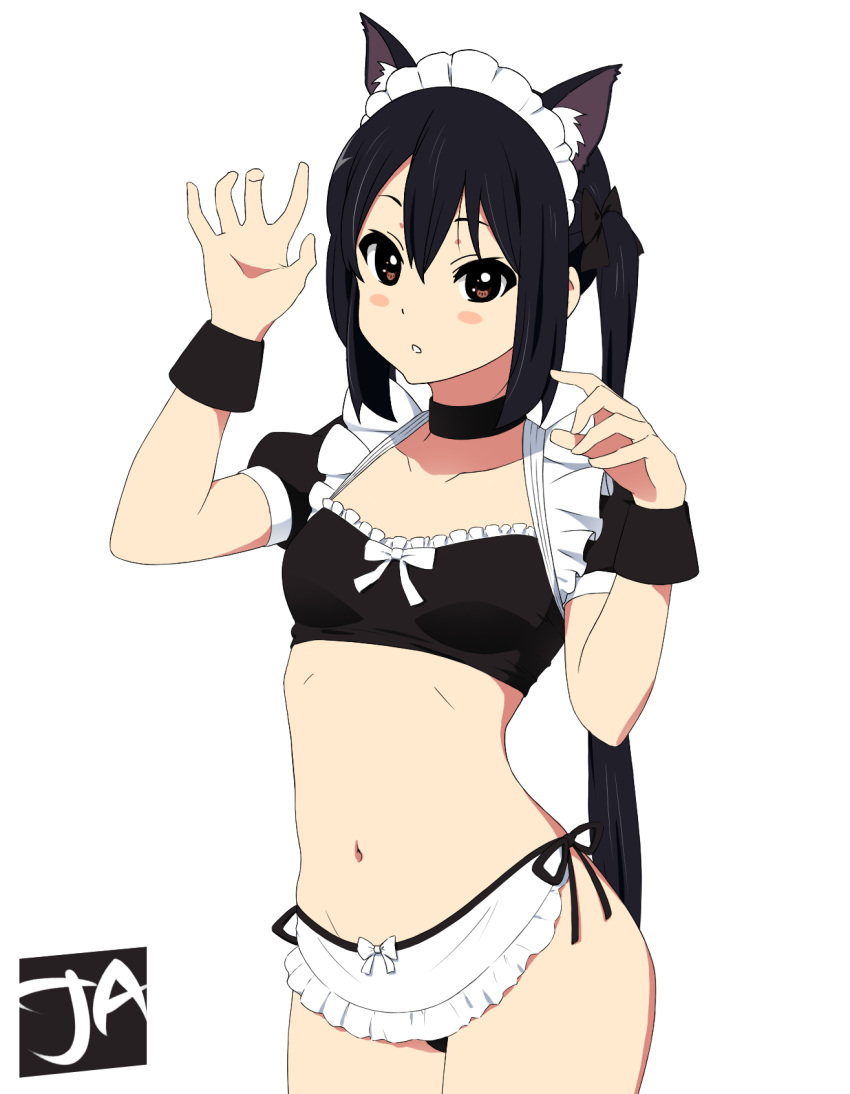 1girl animal_ears black_hair blush_stickers cat_ears choker highres j_adsen k-on! maid midriff nakano_azusa navel paw_pose simple_background skirt solo stomach twintails white_background