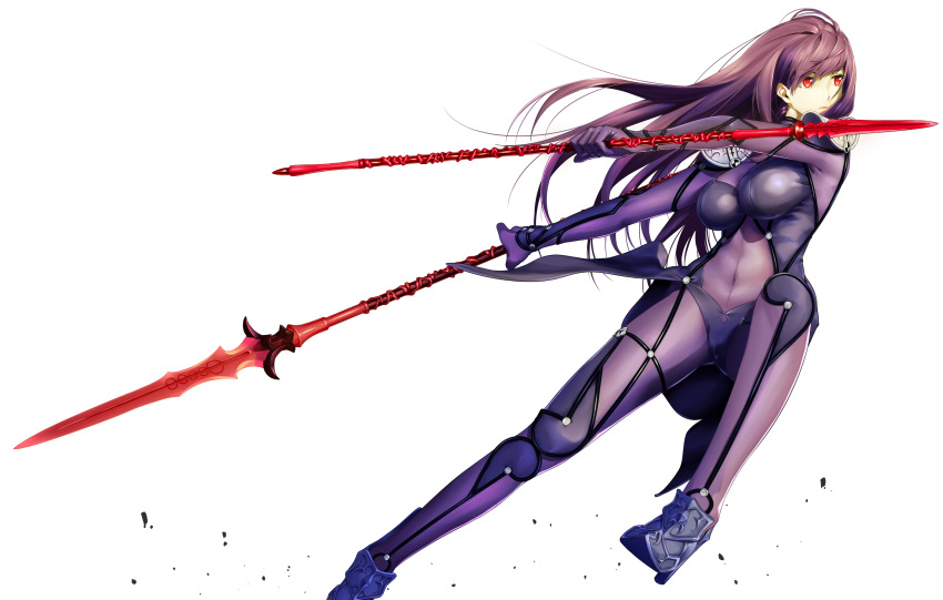 1059 1girl absurdres bodysuit breasts covered_navel fate/grand_order fate_(series) gae_bolg hair_intakes highres holding holding_weapon leotard long_hair pauldrons polearm purple_bodysuit purple_hair purple_leotard red_eyes scathach_(fate)_(all) scathach_(fate/grand_order) shoulder_armor simple_background solo spear weapon white_background