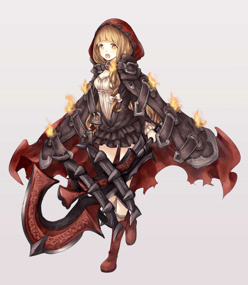 1girl bangs belt belt_buckle blonde_hair blunt_bangs blush boots bow brown_belt brown_dress buckle cape catbell dress fire full_body grey_background hair_bow highres holding holding_weapon hood hood_up hooded_cape knee_boots little_red_riding_hood_(sinoalice) long_hair long_sleeves looking_at_viewer open_mouth red_cape red_footwear red_hood short_dress simple_background sinoalice solo spikes torn_clothes upper_teeth walking wavy_hair weapon white_bow yellow_eyes