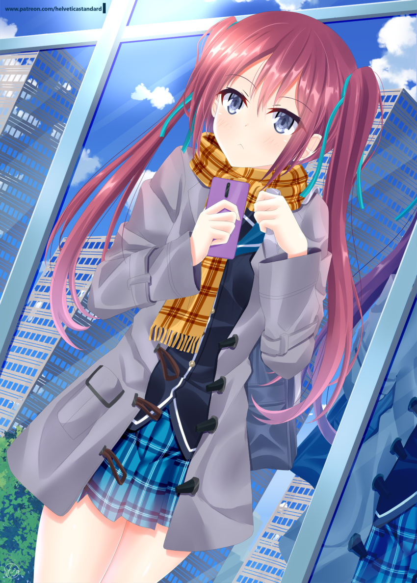 1girl :&lt; blue_eyes blue_shirt blush building cellphone checkered checkered_neckwear checkered_skirt clouds cloudy_sky commentary_request dutch_angle eyebrows_visible_through_hair grey_jacket hair_between_eyes hair_ribbon helvetica_5tandard highres holding holding_phone jacket long_hair long_sleeves looking_at_viewer open_clothes open_jacket original patreon_username phone pleated_skirt redhead reflection ribbon scarf shirt sidelocks signature skirt sky skyscraper solo tree twintails window