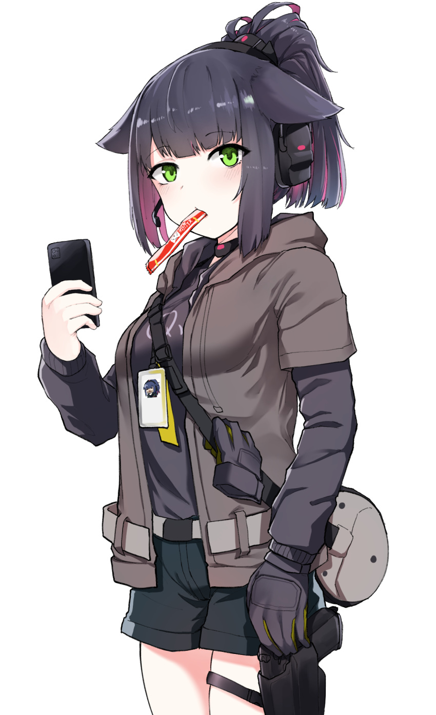 1girl animal_ears arknights bag bangs black_gloves black_hair black_shirt black_shorts blush breasts cat_ears cellphone collar commentary_request cowboy_shot ear_protection eyebrows_visible_through_hair food_in_mouth gloves gloves_removed green_eyes grey_jacket gun hair_tie handgun high_ponytail highres holding holding_gun holding_phone holding_weapon holster holstered_weapon hood hood_down hooded_jacket id_card jacket jessica_(arknights) kongthegrain large_breasts long_sleeves looking_at_viewer mixed-language_commentary multicolored_hair open_clothes open_jacket phone pink_hair pistol ponytail shirt short_shorts shorts shoulder_bag sidelocks simple_background single_glove smartphone solo thigh_holster weapon white_background