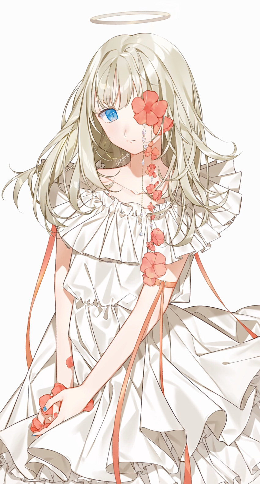1girl arm_ribbon bangs blonde_hair blue_eyes blue_nails dress flower halo hands_together harusame_sigu8 highres long_hair looking_at_viewer nail_polish one_eye_covered original petals pink_ribbon red_flower red_nails ribbon signature simple_background sleeveless sleeveless_dress solo upper_body white_background white_dress