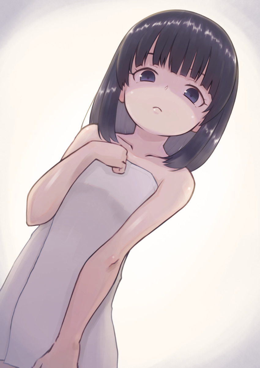 1girl absurdres bangs bare_arms bare_shoulders black_hair closed_mouth collarbone flat_chest glaring highres himenogi_rinze looking_at_viewer love_r medium_hair naked_towel saisho_no_nakama shaded_face simple_background solo towel