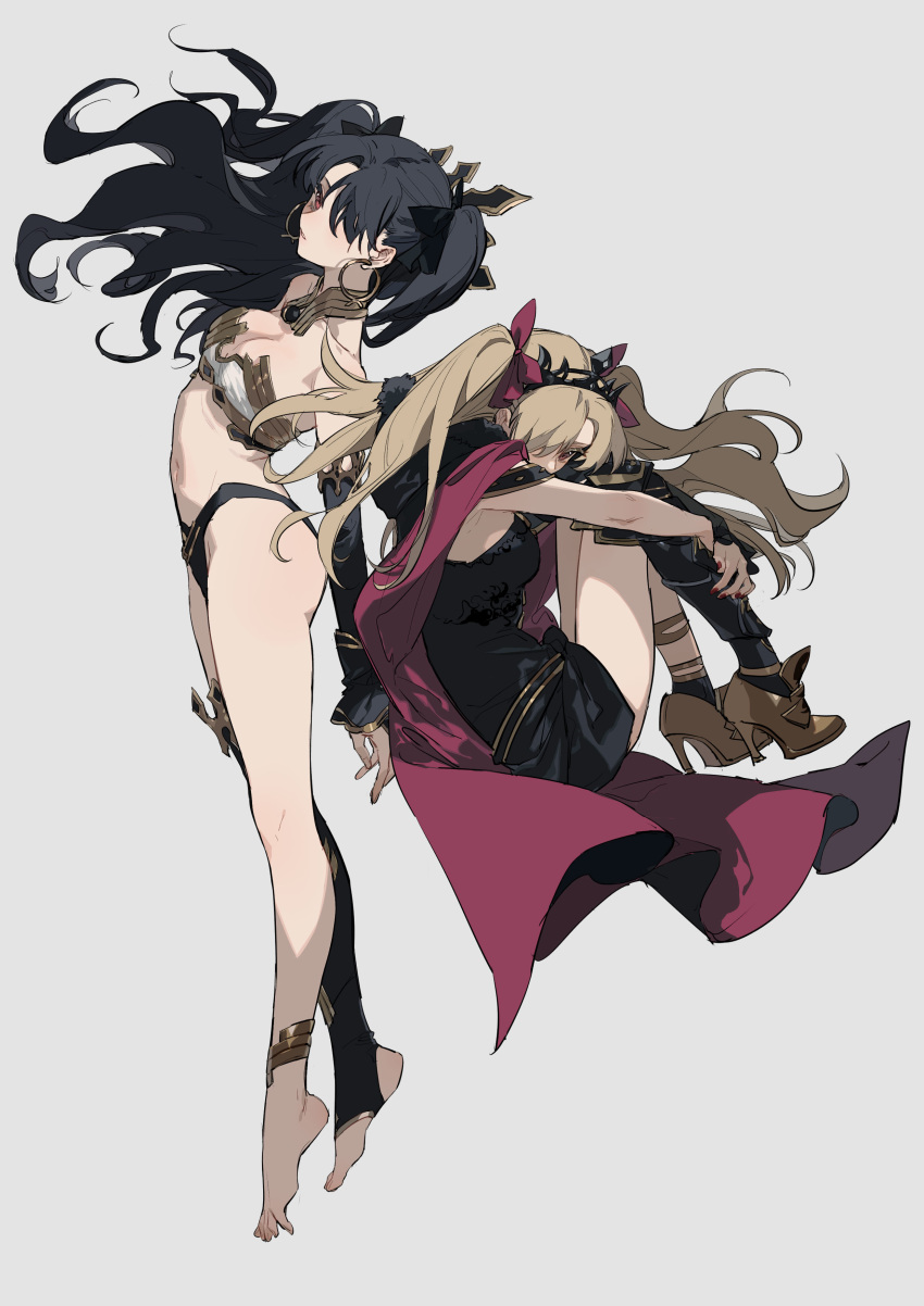 2girls absurdres barefoot black_hair black_ribbon blonde_hair breasts cape earrings ereshkigal_(fate/grand_order) fate/grand_order fate_(series) hair_over_one_eye hair_ribbon high_heels highres hoop_earrings ishtar_(fate)_(all) ishtar_(fate/grand_order) jewelry knees_to_chest long_hair looking_at_viewer medium_breasts multiple_girls navel red-eyes_macadamiachoco red_cape red_ribbon ribbon single_thighhigh stirrup_legwear thigh-highs thighs toeless_legwear twintails white_background yellow_eyes zhibuji_loom