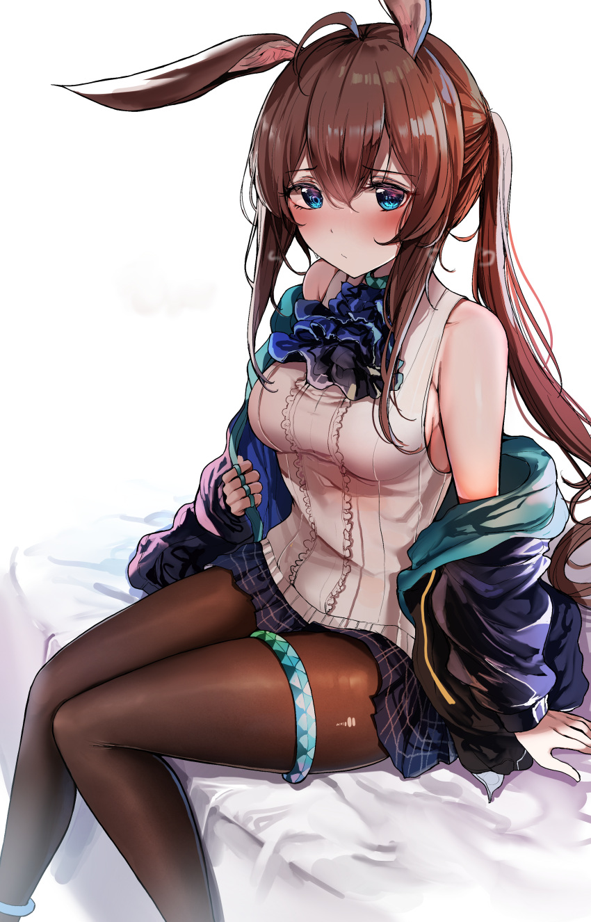 1girl absurdres amiya_(arknights) animal_ears arknights bangs bare_shoulders black_jacket blue_eyes blush breasts brown_hair closed_mouth feet_out_of_frame highres jacket jacket_removed jewelry long_hair long_sleeves looking_at_viewer medium_breasts miniskirt on_bed open_clothes open_jacket pantyhose rabbit_ears ring sak_(lemondisk) shirt sideboob sitting skirt sleeveless sleeveless_shirt solo thumb_ring white_shirt