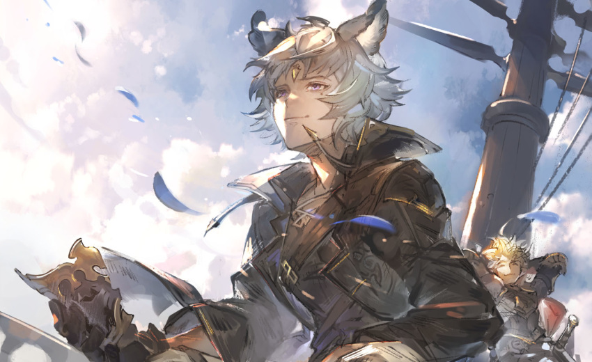 2boys animal_ears arms_behind_head bangs blonde_hair closed_eyes clouds erune granblue_fantasy holding looking_up male_focus mask mole mole_under_eye multiple_boys official_art petals siete silver_hair six_(granblue_fantasy) smile violet_eyes