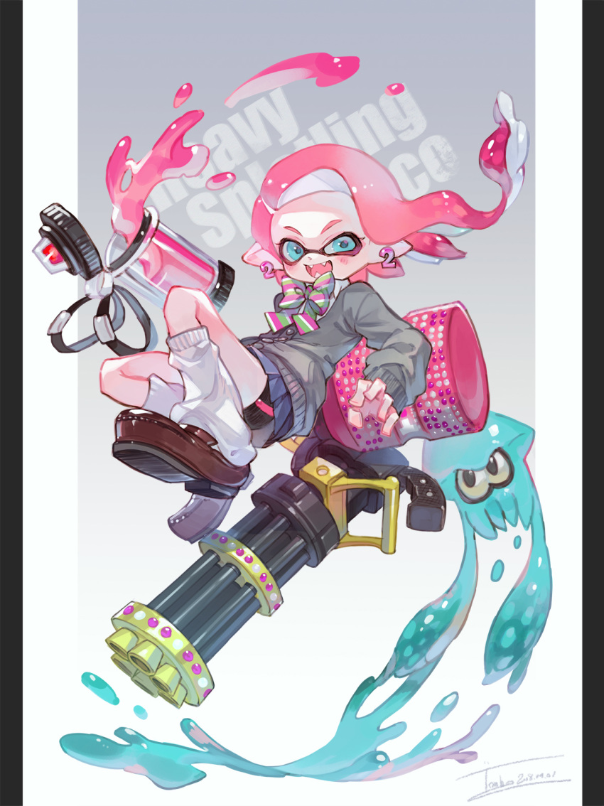 1girl aka_tonbo_(lovetow) artist_name background_text bike_shorts black_shorts blue_eyes bow bowtie brown_footwear cardigan commentary domino_mask dress_shirt earrings english_text fangs floating green_neckwear grey_sweater hair_ornament hairclip heavy_splatling_(splatoon) highres ink_tank_(splatoon) inkling jewelry loafers long_hair looking_at_viewer loose_socks mask miniskirt multicolored multicolored_stripes open_mouth paint_splatter pink_hair pink_neckwear pleated_skirt pointy_ears school_uniform shirt shoes short_shorts shorts shorts_under_skirt signature single_vertical_stripe skirt smile socks solo splatoon_(series) splatoon_2 squid striped striped_neckwear sweater white_legwear white_shirt