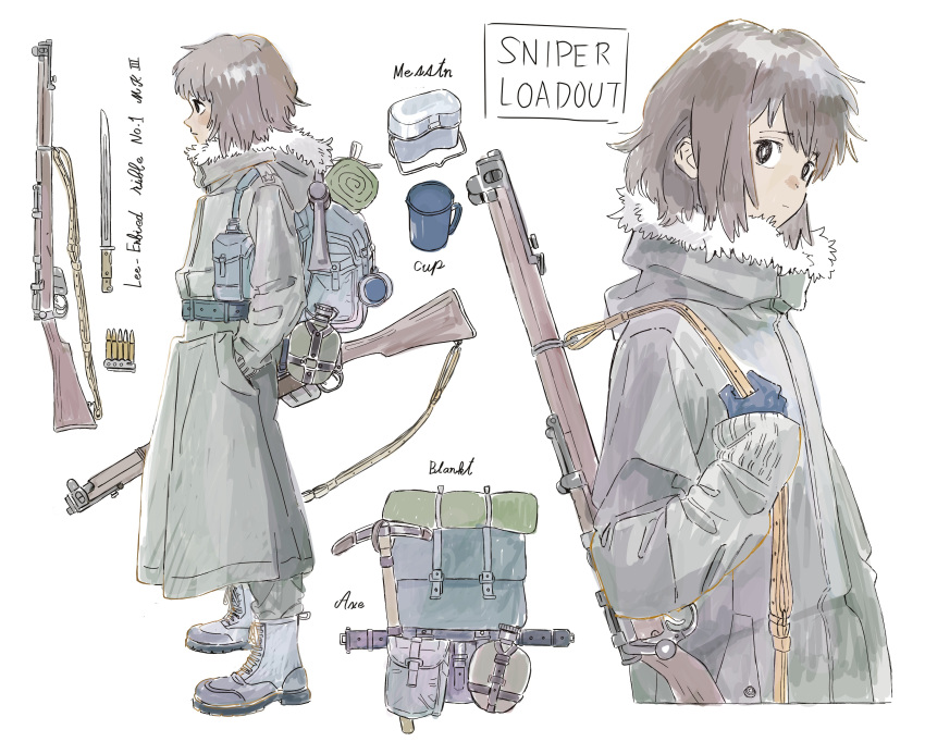 1girl absurdres backpack bag bayonet black_eyes blanket boots brown_hair canteen character_sheet commentary_request cup english_text fur_trim gloves gun hand_in_pocket highres holding holding_gun holding_weapon lee-enfield mess_kit original pickaxe pouch rifle rifle_on_back sakurada22 short_hair trench_coat weapon white_background