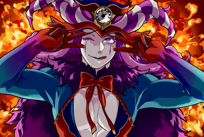 1boy aves_plumbum9 blue_eyes double_v emotional_engine_-_full_drive explosion fate/grand_order fate_(series) gloves hands_up hat highres horns long_hair long_sleeves looking_at_viewer makeup male_focus mephistopheles_(fate/grand_order) open_mouth parody purple_hair smile solo sparkle tongue tongue_out v violet_eyes