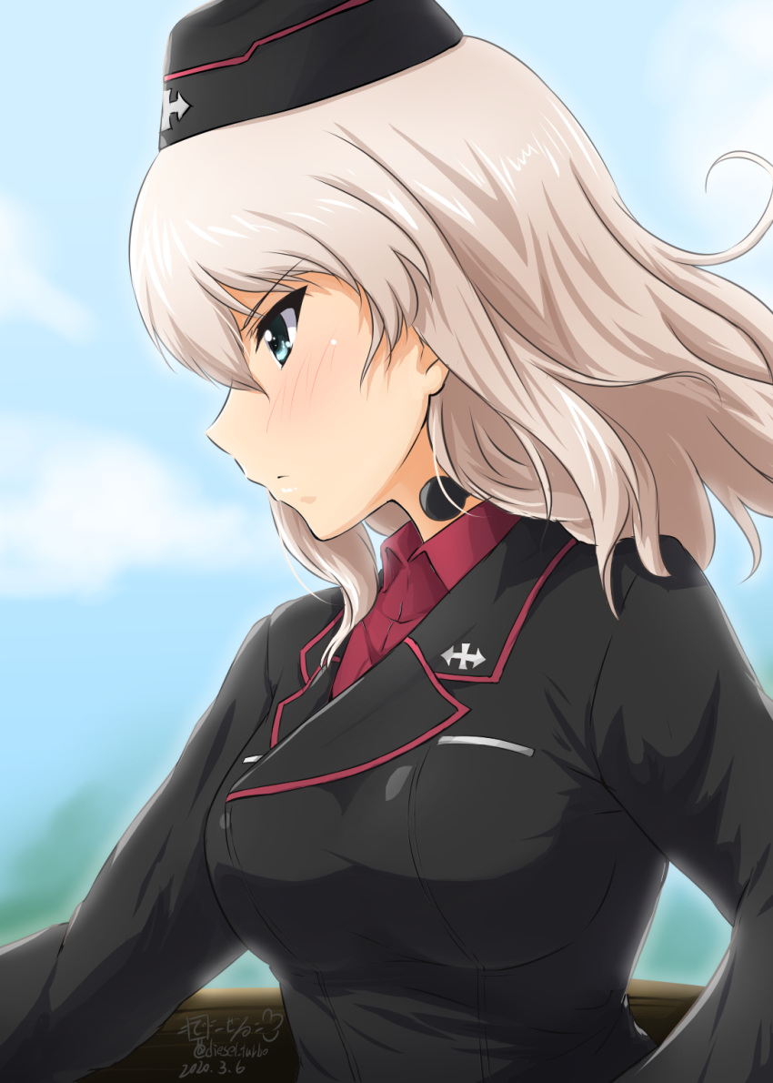 1girl bangs black_headwear black_jacket blue_eyes blue_sky blurry blurry_background clouds cloudy_sky dated day depth_of_field diesel-turbo dress_shirt garrison_cap girls_und_panzer hat highres insignia itsumi_erika jacket kuromorimine_military_uniform long_sleeves looking_to_the_side medium_hair military military_hat military_uniform outdoors red_shirt shirt silver_hair sky solo tank_cupola throat_microphone twintails uniform wind wing_collar