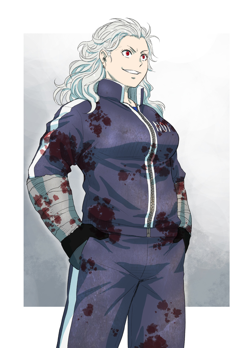 1girl azasuke bandaged_arm bandages black_gloves blood bloody_clothes breasts cowboy_shot dorohedoro earrings gloves grey_hair grin hands_in_pockets highres jacket jewelry large_breasts multiple_earrings noi_(dorohedoro) red_eyes smile solo stud_earrings track_jacket wavy_hair