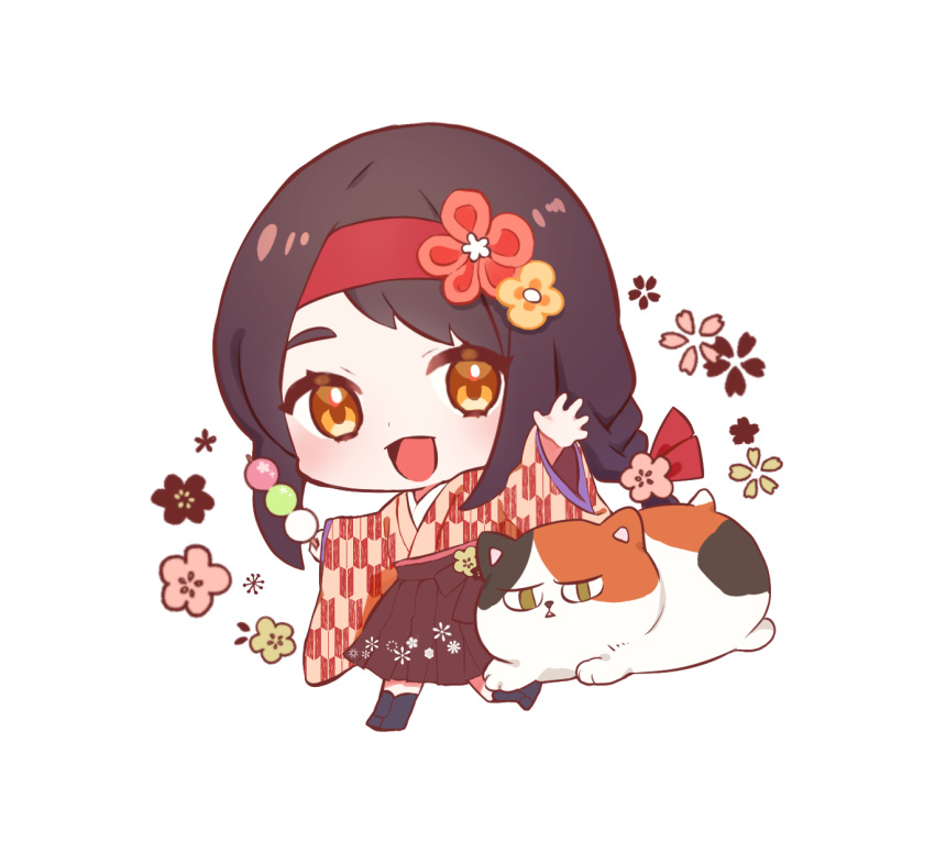 1girl :d animal bangs black_footwear black_hair black_hakama boots braid brown_eyes brown_flower brown_kimono cat chibi dango floral_background flower food hair_flower hair_ornament hairband hakama highres holding holding_food japanese_clothes kimono long_hair long_sleeves open_mouth original outstretched_arms print_kimono red_hairband sanshoku_dango simple_background sleeves_past_wrists smile solo standing standing_on_one_leg thick_eyebrows tsumetsume_zerii wagashi white_background wide_sleeves yagasuri