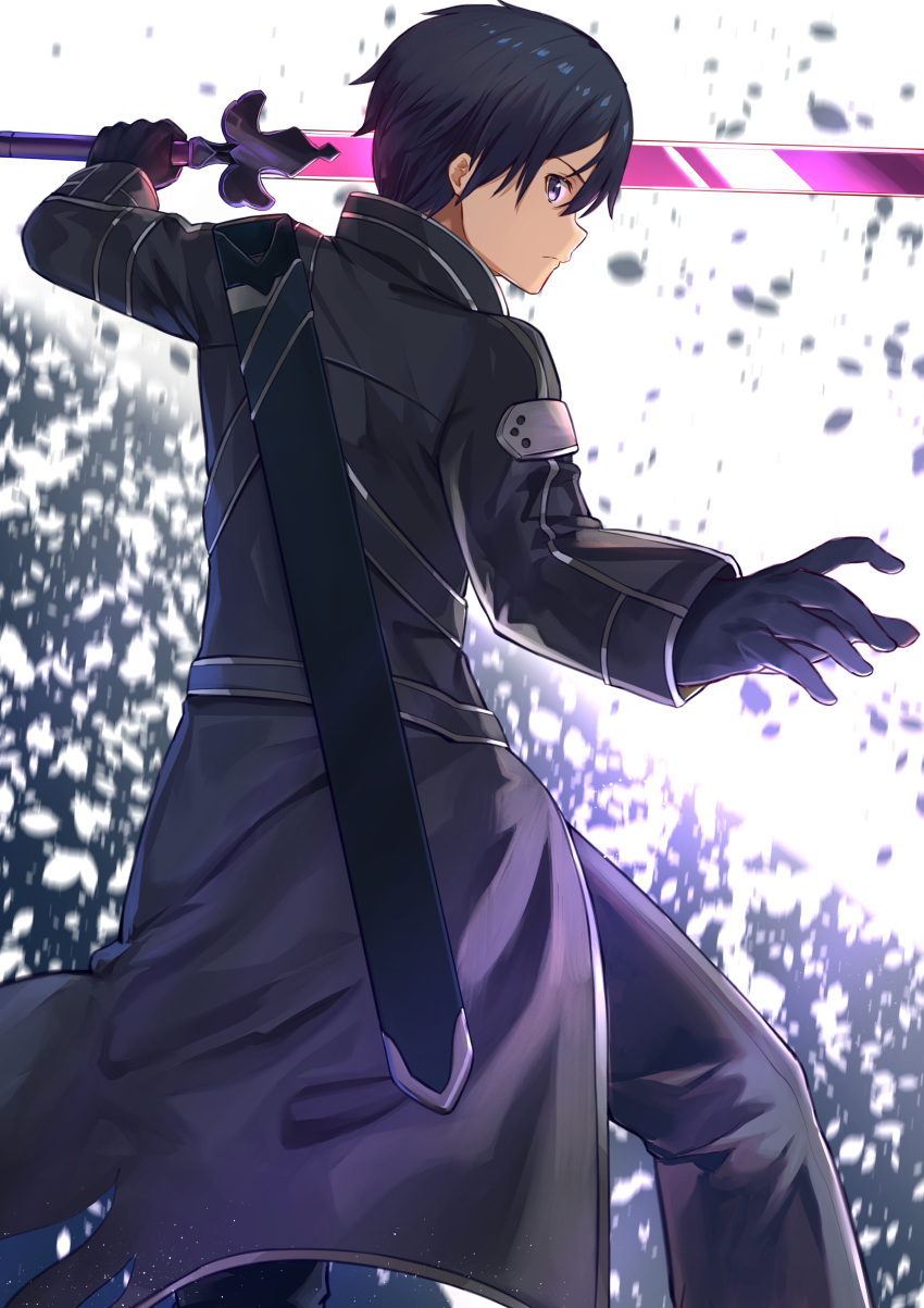 1boy absurdres bangs black_coat black_gloves black_hair black_pants blurry blurry_background closed_mouth coat depth_of_field from_behind gloves hair_between_eyes hand_up highres holding holding_sword holding_weapon kirito long_sleeves male_focus mosta_(lo1777789) pants profile sheath solo standing sword sword_art_online unsheathed violet_eyes weapon
