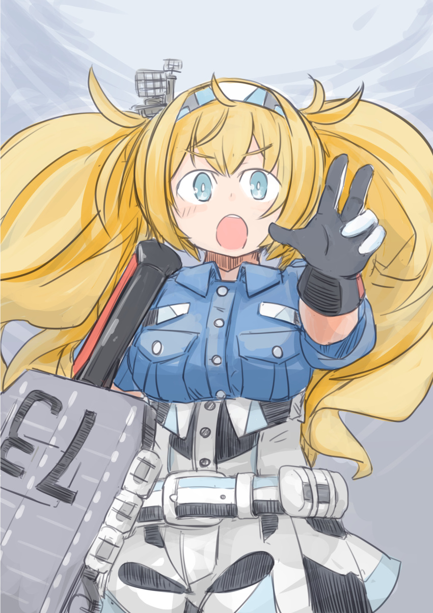 1girl belt blonde_hair blue_eyes breasts enjaku_izuku flight_deck gambier_bay_(kantai_collection) gloves highres kantai_collection long_hair machinery medium_breasts open_mouth solo twintails upper_body white_gloves