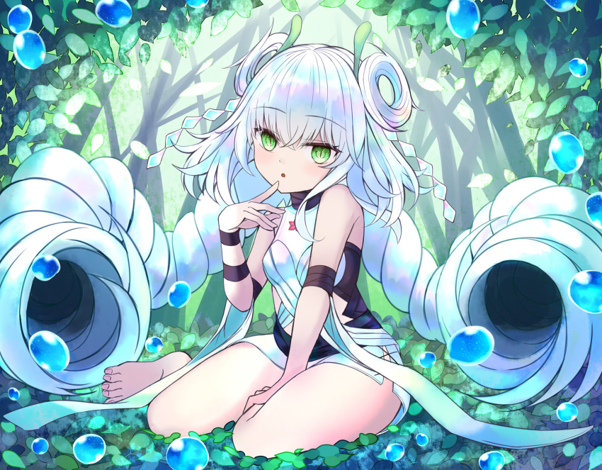 1girl :o arm_strap bangs bare_shoulders barefoot between_legs braid breasts commentary crossed_bangs duel_monster eyebrows_visible_through_hair finger_to_mouth forest full_body green_background green_eyes hair_between_eyes hair_ornament hair_rings halter_top halterneck hand_between_legs highres lazupeace leaf long_hair looking_at_viewer low_twintails miniskirt nature plant shirt side_slit sidelocks sitting skirt sleeveless sleeveless_shirt slit_pupils small_breasts solo traptrix_genlisea tree twin_braids twintails very_long_hair water_drop white_hair white_shirt white_skirt wrist_straps yokozuwari yuu-gi-ou