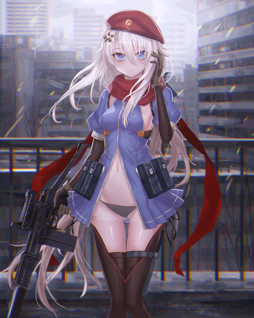 1girl 9a-91 9a-91_(girls_frontline) absurdres arm_warmers beret black_panties blue_dress blue_eyes breasts brown_gloves brown_legwear building chromatic_aberration cityscape detached_sleeves dress girls_frontline gloves gun hair_between_eyes hair_ornament hand_up hat highres holding holding_gun holding_weapon huge_filesize lithium10mg long_hair looking_at_viewer medium_breasts navel outdoors panties pouch railing red_headwear see-through silver_hair solo standing star stomach thigh-highs underwear very_long_hair weapon