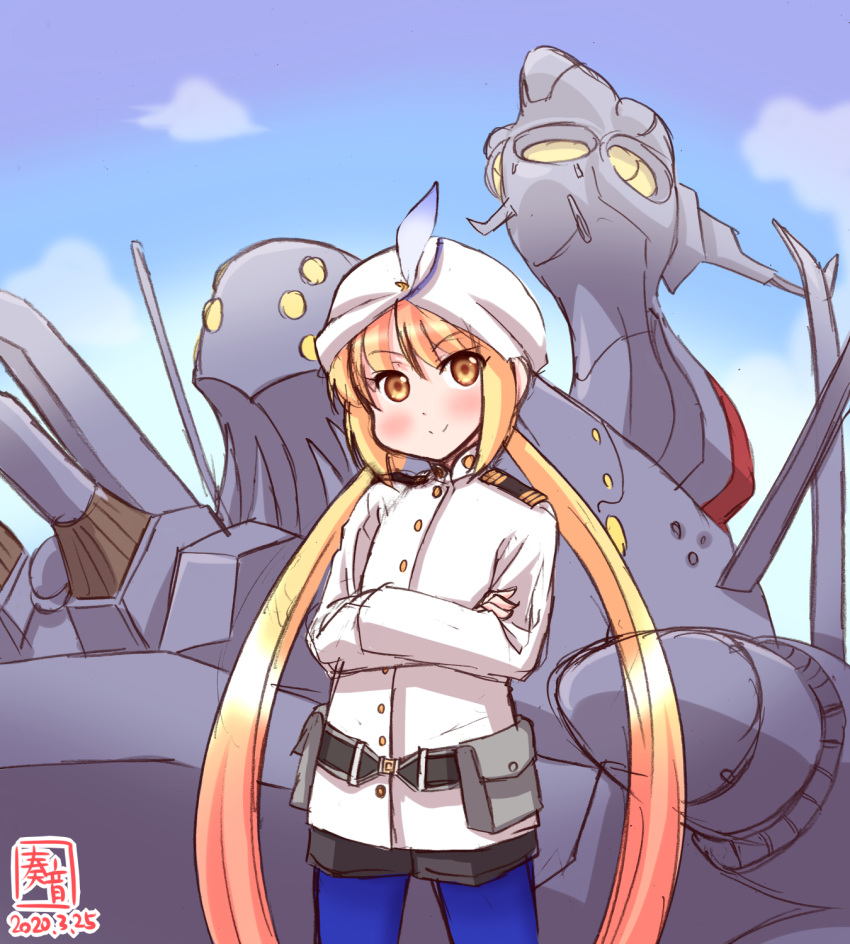 1girl artist_logo black_shorts blonde_hair blue_legwear character_request commentary_request cosplay cowboy_shot crossed_arms dated highres kanon_(kurogane_knights) kantai_collection long_hair looking_at_viewer low_twintails military military_uniform naval_uniform pantyhose satsuki_(kantai_collection) ship shorts solo standing turban twintails uchuu_senkan_yamato uniform watercraft yellow_eyes