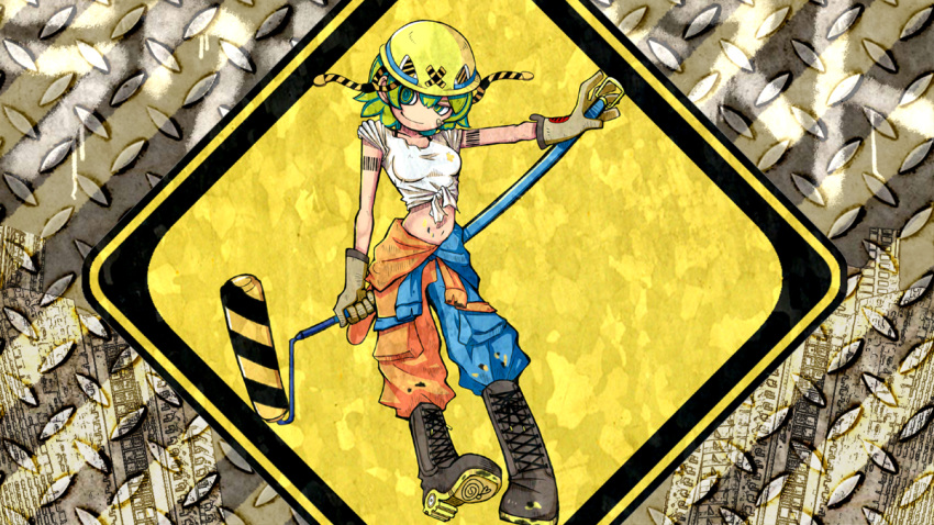 1girl barcode barcode_tattoo blue_pants boots brush commentary cosmo_(bousoup) diamond_(shape) diamond_plate full_body gloves green_eyes green_hair gumi hardhat helmet holding looking_to_the_side metal midriff orange_pants pants shirt short_hair sign sleeves_rolled_up solo tattoo two-tone_legwear vocaloid warning_sign white_shirt yellow_headwear