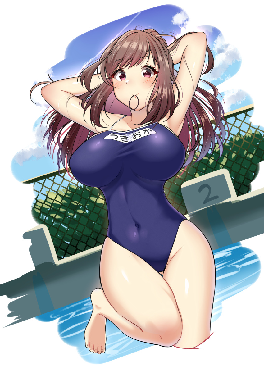 1girl absurdres arms_behind_head barefoot blue_swimsuit breasts brown_eyes brown_hair chain-link_fence commentary_request competition_school_swimsuit cowboy_shot dutch_angle fence full_body haibarasaika highres idolmaster idolmaster_shiny_colors large_breasts looking_at_viewer mouth_hold name_tag new_school_swimsuit rubber_band school_swimsuit solo starting_block swimsuit tsukioka_kogane