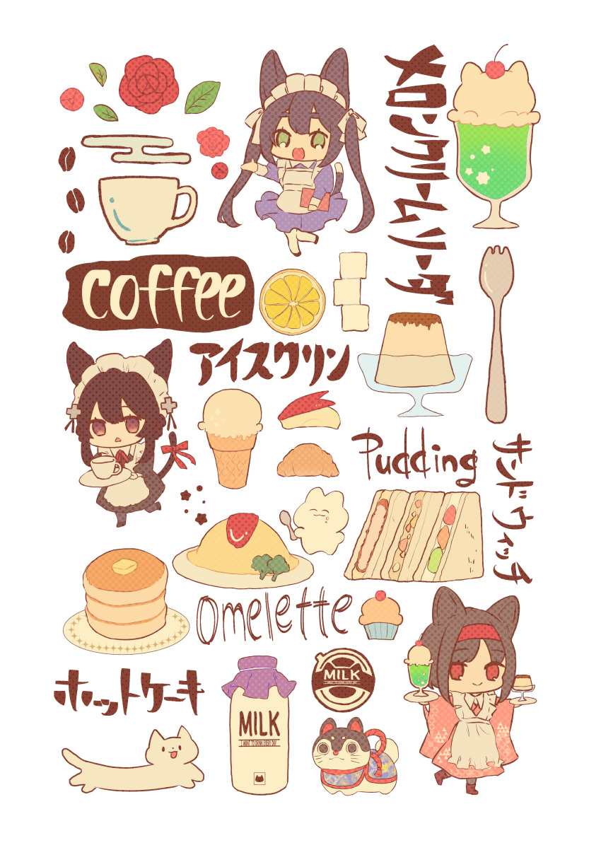 3girls :&lt; :d absurdres animal animal_ears apple_bunny apron black_dress black_footwear black_hair black_legwear blue_dress boots bottle bow brown_eyes brown_footwear brown_kimono butter cat cat_ears cat_girl cat_tail cherry_blossoms closed_mouth coffee_beans cup cupcake dress egasumi english_text flower food frilled_apron frills green_eyes hair_bow highres ice_cream ice_cream_cone ice_cream_float japanese_clothes juliet_sleeves kimono long_hair long_sleeves maid maid_apron maid_headdress milk_bottle multiple_girls omurice open_mouth original pancake pantyhose parted_lips pudding puffy_sleeves rabbit red_eyes red_flower red_rose rose sandwich short_hair simple_background smile spork stack_of_pancakes standing standing_on_one_leg sugar_cube tail teacup translation_request triangle_mouth tsumetsume_zerii twintails very_long_hair wa_maid white_apron white_background white_bow white_legwear