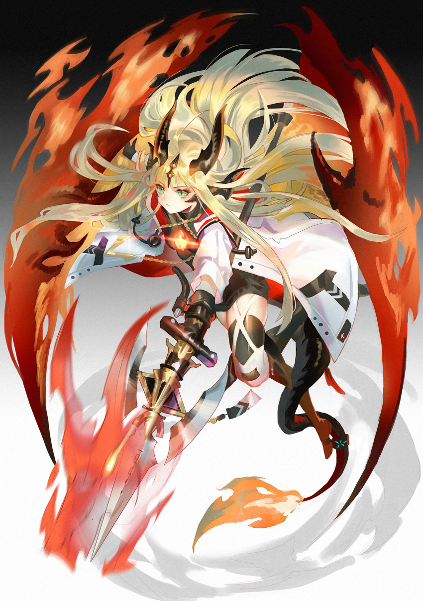 1girl arknights aura black_background black_footwear black_gloves black_legwear black_sweater blonde_hair boots breasts chain_necklace closed_mouth dragon_horns dragon_tail expressionless fire floating_hair full_body gloves gradient gradient_background green_eyes highres horns jacket long_hair medium_breasts polearm reed_(arknights) ribbed_sweater samo_(shichun_samo) simple_background skindentation slit_pupils solo spear sweater tail thigh-highs thigh_boots thighs two-tone_background weapon white_background white_jacket