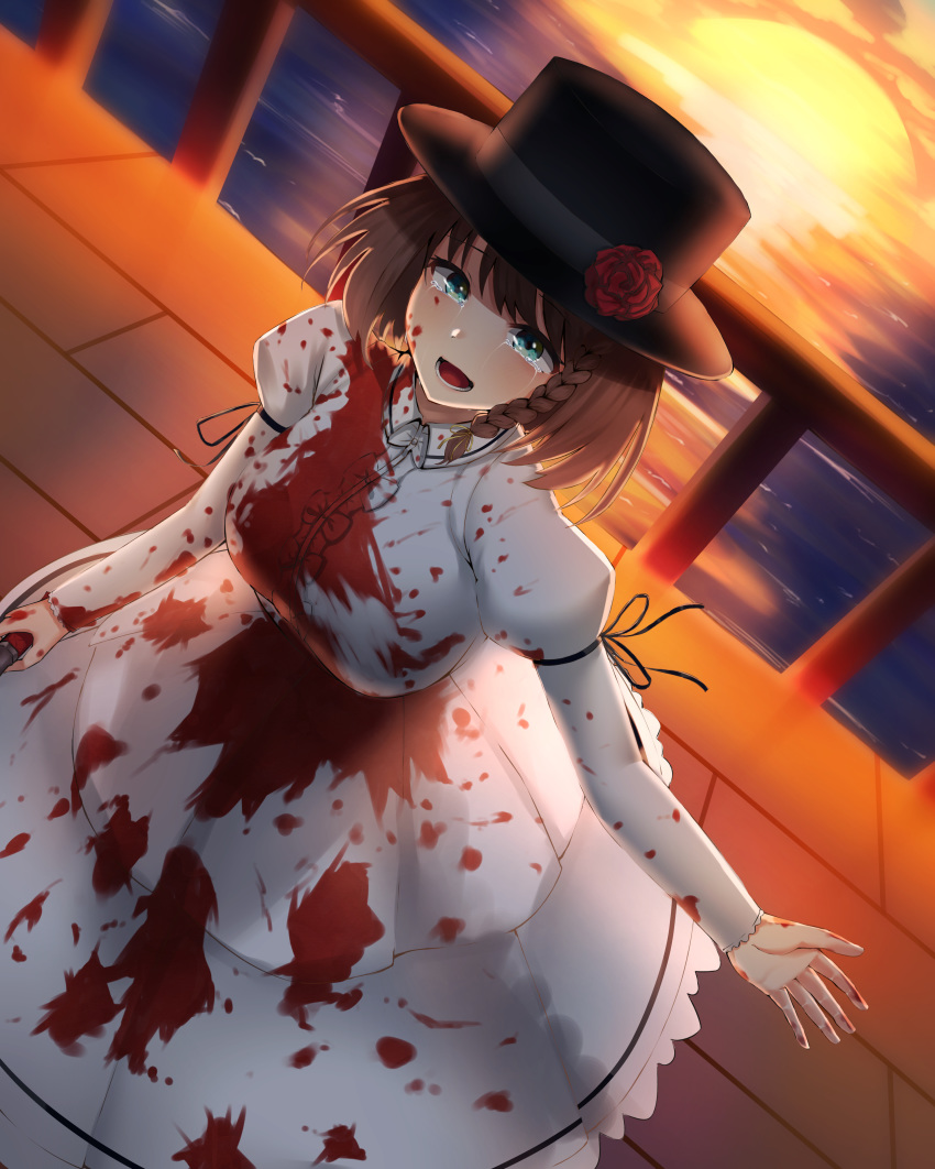 1girl absurdres bao_(s_888) blood bloody_clothes braid breasts brown_hair charlotte_corday_(fate/grand_order) crying dress fate/grand_order fate_(series) flower hat hat_flower highres juliet_sleeves large_breasts long_dress long_sleeves ocean puffy_sleeves sunset