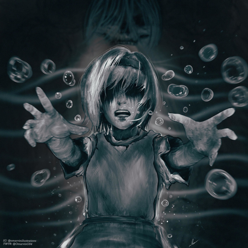 1girl absurdres asphyxiation bangs bleeding blonde_hair blood dress drowning falling greyscale hair_between_eyes hairband highres marvin_(omarvin) medium_hair monochrome no_eyes open_mouth shaded_face shingeki_no_kyojin short_hair skull solo water ymir_fritz