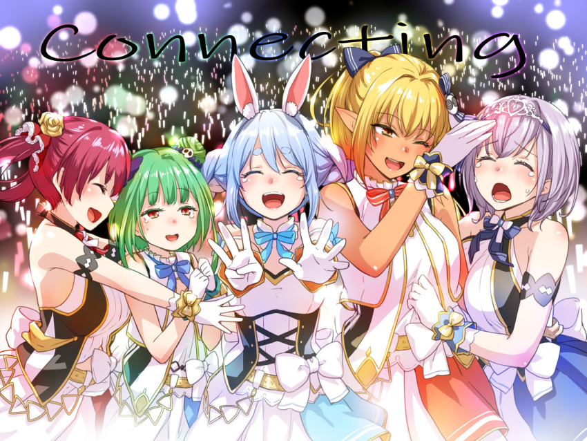 5girls alternate_costume animal_ear_fluff animal_ears aqua_neckwear arm_between_breasts arm_cuffs belt benimura_karu blonde_hair blue_neckwear bow bowtie braid breasts closed_eyes collar commentary_request cowboy_shot crying crying_with_eyes_open dark_skin detached_collar double_bun dress english_text eyebrows_visible_through_hair eyelashes flower frilled_collar frills gloves glowstick green_hair hair_bow hair_flower hair_ornament hair_ribbon hololive houshou_marine hug kintsuba_(flare_channel) large_bow large_breasts light_blue_hair long_hair looking_at_viewer medium_breasts medium_hair midriff multicolored_hair multiple_girls one_eye_closed open_mouth orange_eyes petting pointy_ears ponytail rabbit_ears red_eyes red_neckwear redhead ribbon shiranui_flare shirogane_noel short_hair silver_hair skirt skull_hair_ornament sleeveless sleeveless_dress small_breasts smile tears thick_eyebrows tiara twin_braids twintails two-tone_hair uruha_rushia usada_pekora white_dress white_gloves white_hair white_skirt wrist_cuffs wrist_ribbon