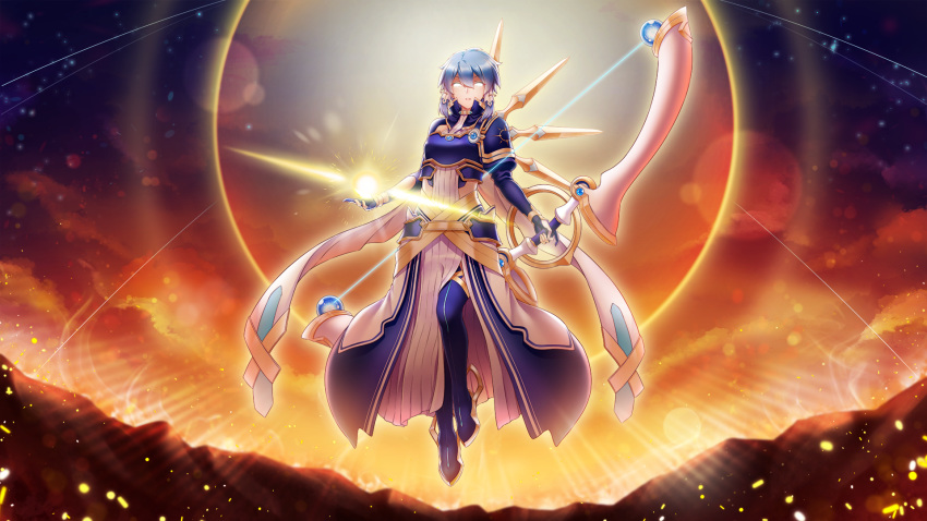 1girl armor blue_footwear blue_gloves blue_hair blue_legwear boots bow_(weapon) breasts commentary_request eyebrows_visible_through_hair floating gloves glowing glowing_eyes hair_between_eyes hair_ornament highres holding holding_bow_(weapon) holding_weapon myudon18 parted_lips short_hair sinon solo sword_art_online tagme thigh-highs thigh_boots weapon