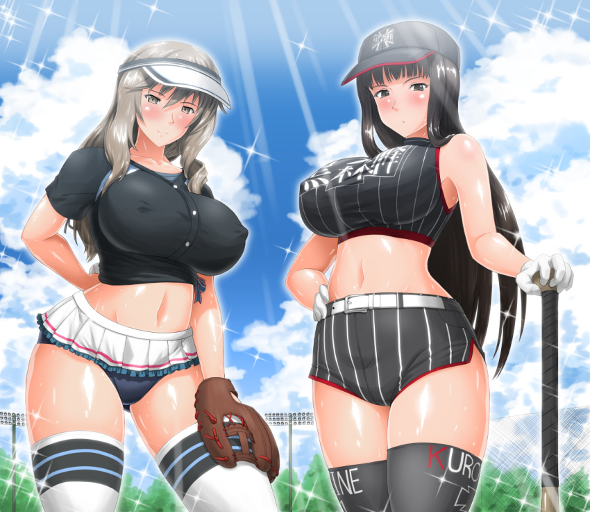 2girls arm_behind_back ball bangs baseball baseball_bat baseball_cap baseball_mitt baseball_uniform belt black_hair black_headwear black_legwear black_shirt black_shorts blue_buruma blue_sky blunt_bangs blush breasts brown_eyes brown_hair buruma buruma_under_skirt chain-link_fence closed_mouth clouds cloudy_sky cocoa_(cocoa0191) commentary_request covered_nipples curvy day emblem fence girls_und_panzer gloves hair_ribbon half-closed_eyes hand_on_hip hat holding holding_ball holding_baseball_bat huge_breasts impossible_clothes impossible_shirt kuromorimine_(emblem) light_frown long_hair looking_at_viewer mature_female micro_shorts microskirt midriff multiple_girls navel nishizumi_shiho outdoors partial_commentary pleated_skirt print_legwear ribbon shimada_chiyo shiny shiny_skin shirt short_sleeves shorts skirt sky sleeveless sleeveless_shirt smile sparkle sportswear stadium_lights standing straight_hair sunlight thigh-highs visor_cap white_belt white_gloves white_headwear white_legwear white_skirt