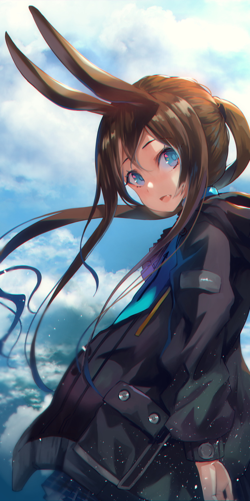 1girl absurdres amiya_(arknights) animal_ears arknights bangs black_jacket blue_eyes brown_hair clouds commentary_request from_side hair_between_eyes highres jacket long_hair long_sleeves looking_at_viewer open_clothes open_jacket rabbit_ears solo torieto