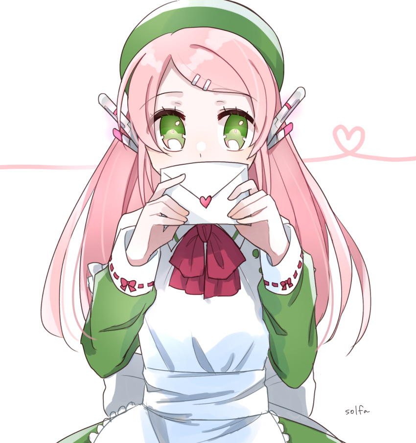 1girl apron bow bowtie eyebrows_visible_through_hair green_eyes green_headwear hair_ornament hairclip heart highres holding holding_letter letter long_hair long_sleeves looking_at_viewer momone_momo pink_hair red_bow red_neckwear robot_ears signature solfa_(gikosweety) solo upper_body utau white_apron