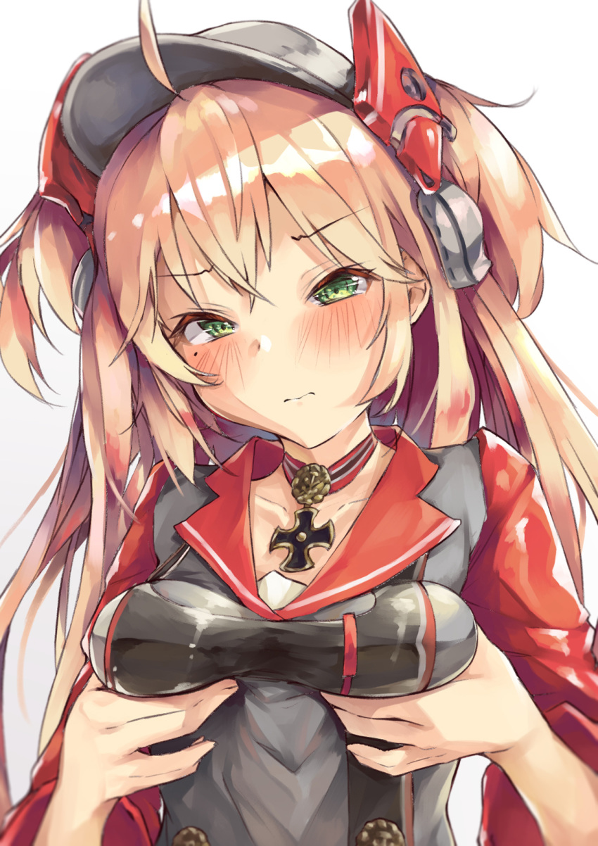 1girl 3: admiral_hipper_(azur_lane) ahoge azur_lane bangs blonde_hair blush breast_squeeze breasts buttons choker closed_mouth collarbone commentary crossed_bangs eyebrows_visible_through_hair gradient gradient_background green_eyes grey_background grey_shirt hair_between_eyes hat head_tilt headgear highres iron_cross long_hair looking_at_viewer mole mole_under_eye nonaturednerd red_sleeves shirt sidelocks simple_background sleeves_rolled_up small_breasts solo two-tone_shirt two_side_up upper_body white_background