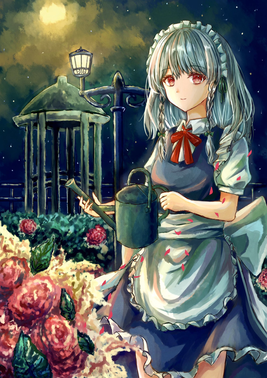 1girl apron bangs blue_dress bow braid commentary_request cowboy_shot dress eyebrows_visible_through_hair flower frilled_apron frills green_bow hair_bow highres holding izayoi_sakuya lamppost long_hair looking_at_viewer maid maid_apron maid_headdress neck_ribbon night night_sky petals puffy_short_sleeves puffy_sleeves red_eyes red_flower red_neckwear red_ribbon red_rose ribbon rose shirt short_sleeves silver_hair sky smile solo standing star_(sky) starry_sky suzushina touhou twin_braids waist_apron watering_can white_apron white_shirt